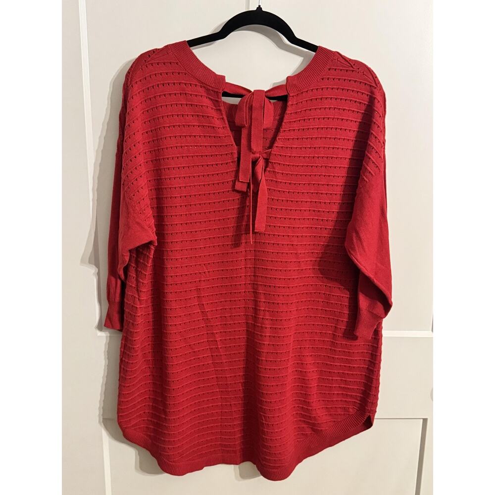 New York & Company Sweater Womens XL Red Open Knit Bow Back 3/4 Sleeve Pullover - Picture 2 of 11